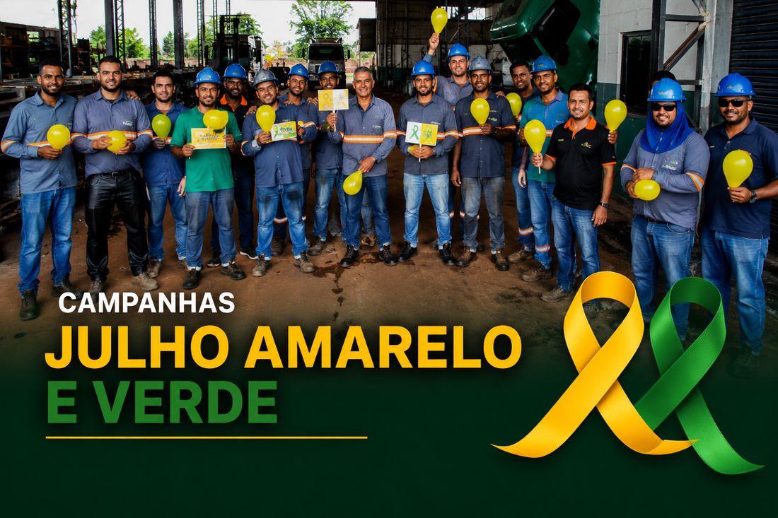 Campanha Julho Amarelo e Verde VDA — colaboradores com balões nas cores da campanha